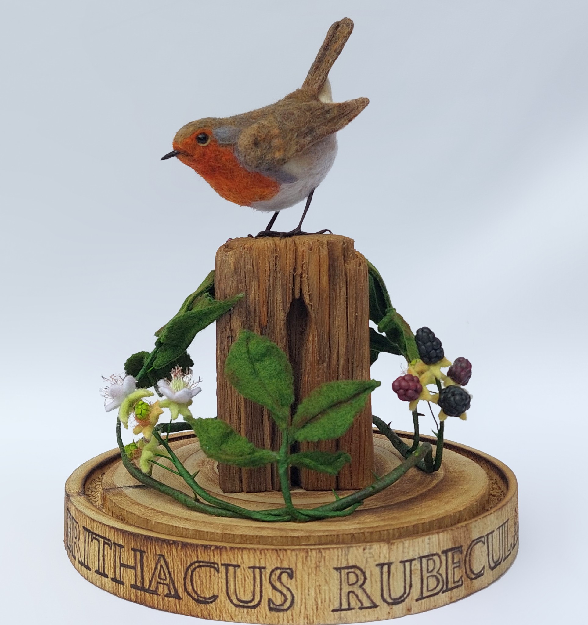 The lookout post: Robin on driftwood with felted and clay brambles (in Cloche). Unique handmade needle-felted wildlife sculpture. 