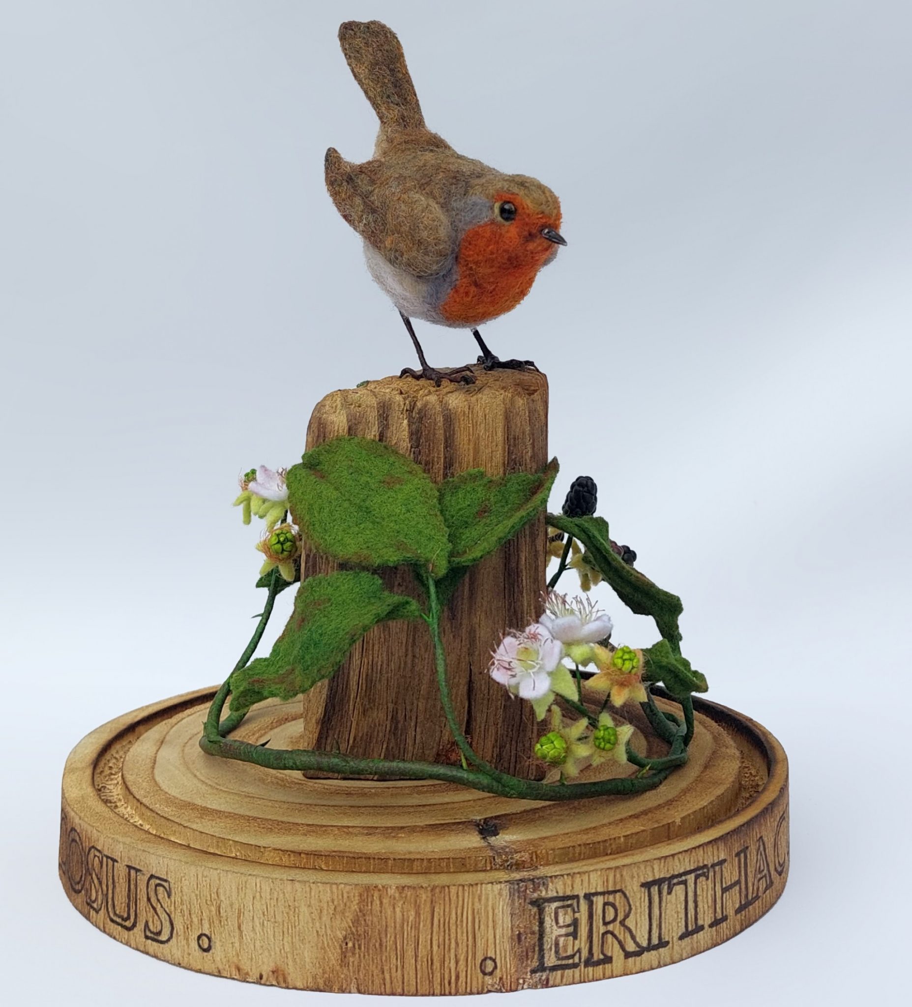 The lookout post: Robin on driftwood with felted and clay brambles (in Cloche). Unique handmade needle-felted wildlife sculpture. 