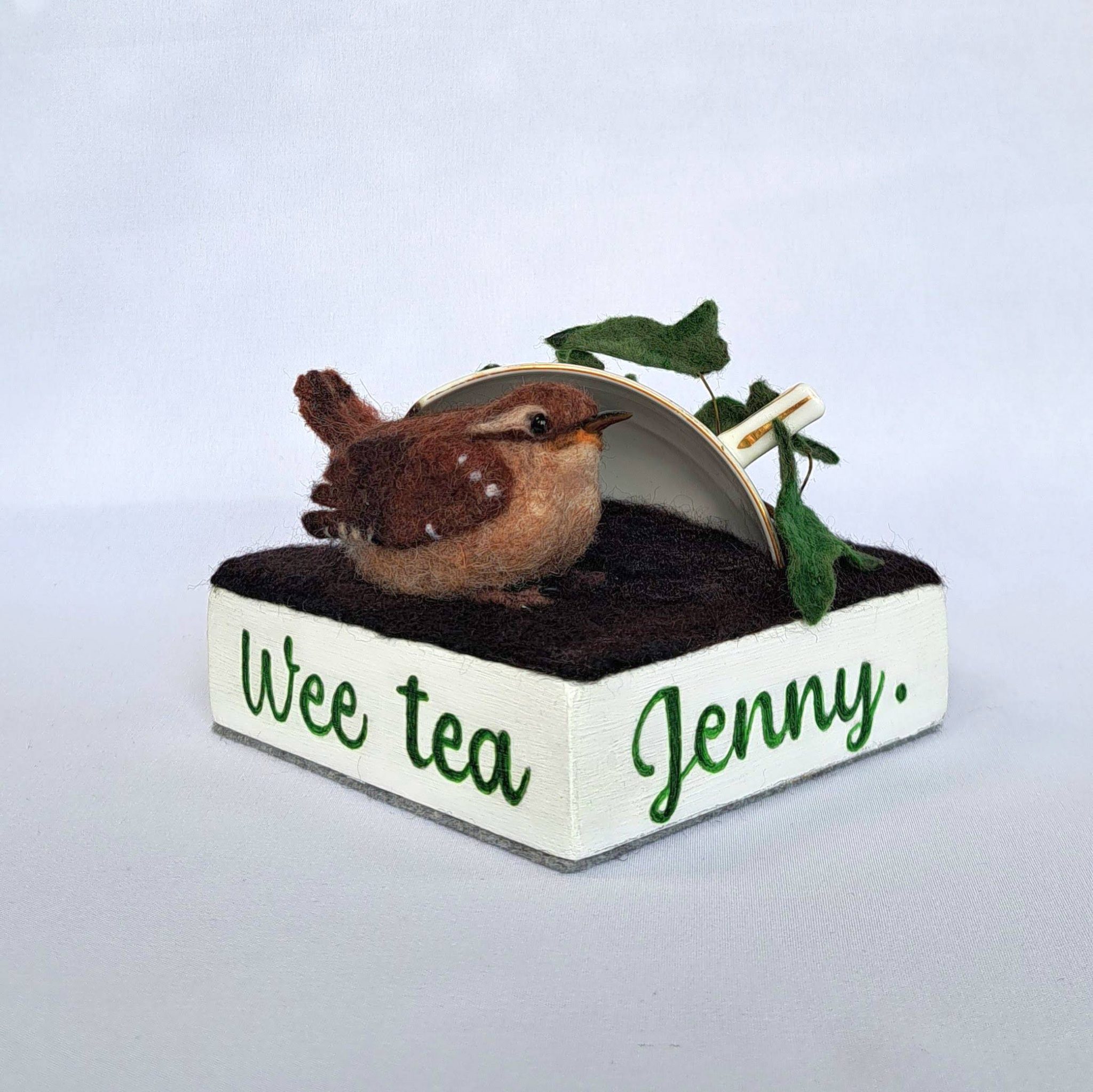 Wee Tea Jenny: Wren with china cup and vines. Unique handmade needle-felted wildlife sculpture. 