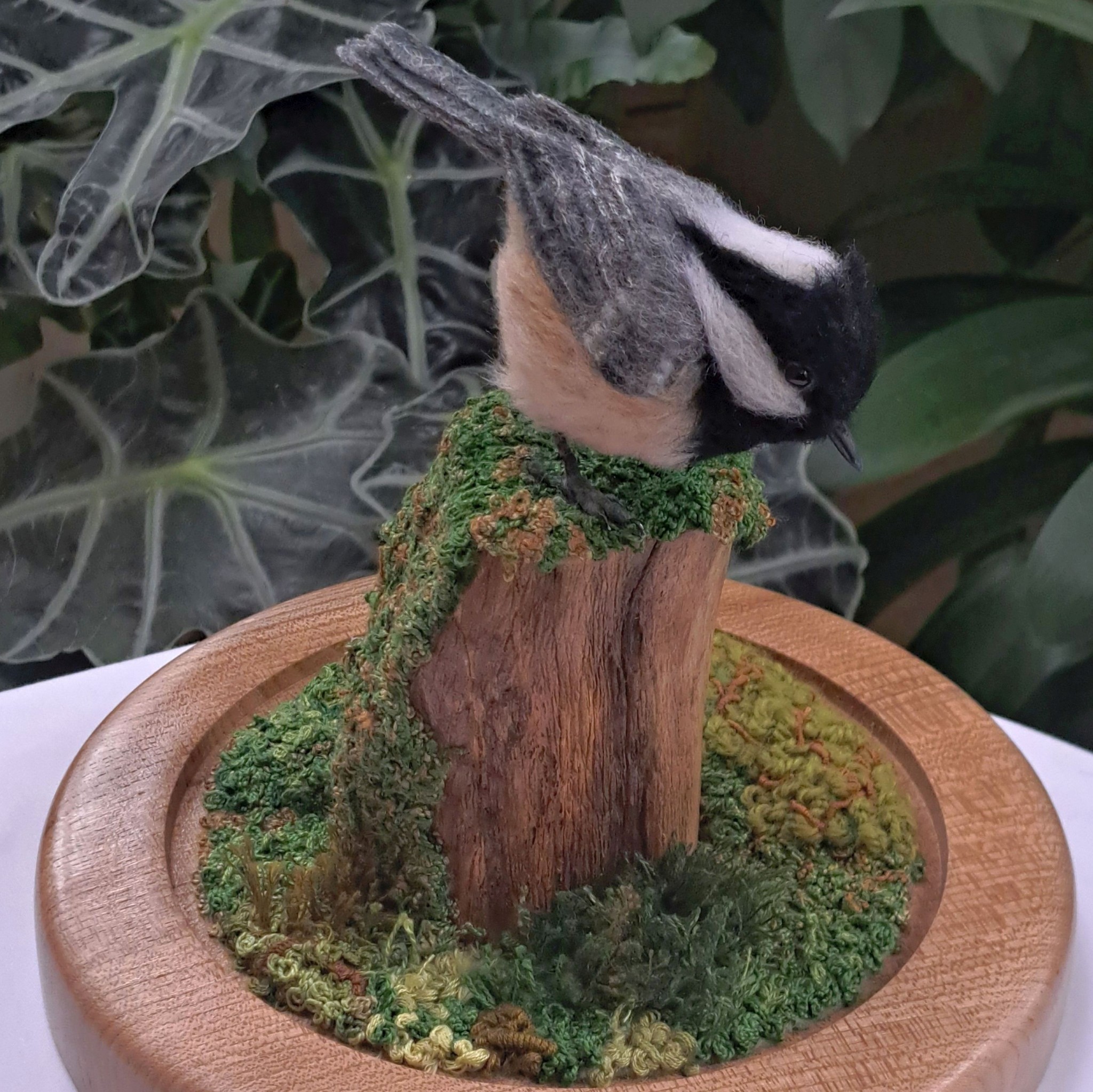 Needle-felted Coal Tit in Cloche on driftwood with embroidered moss. : Unique handmade needle-felted wildlife sculpture. 