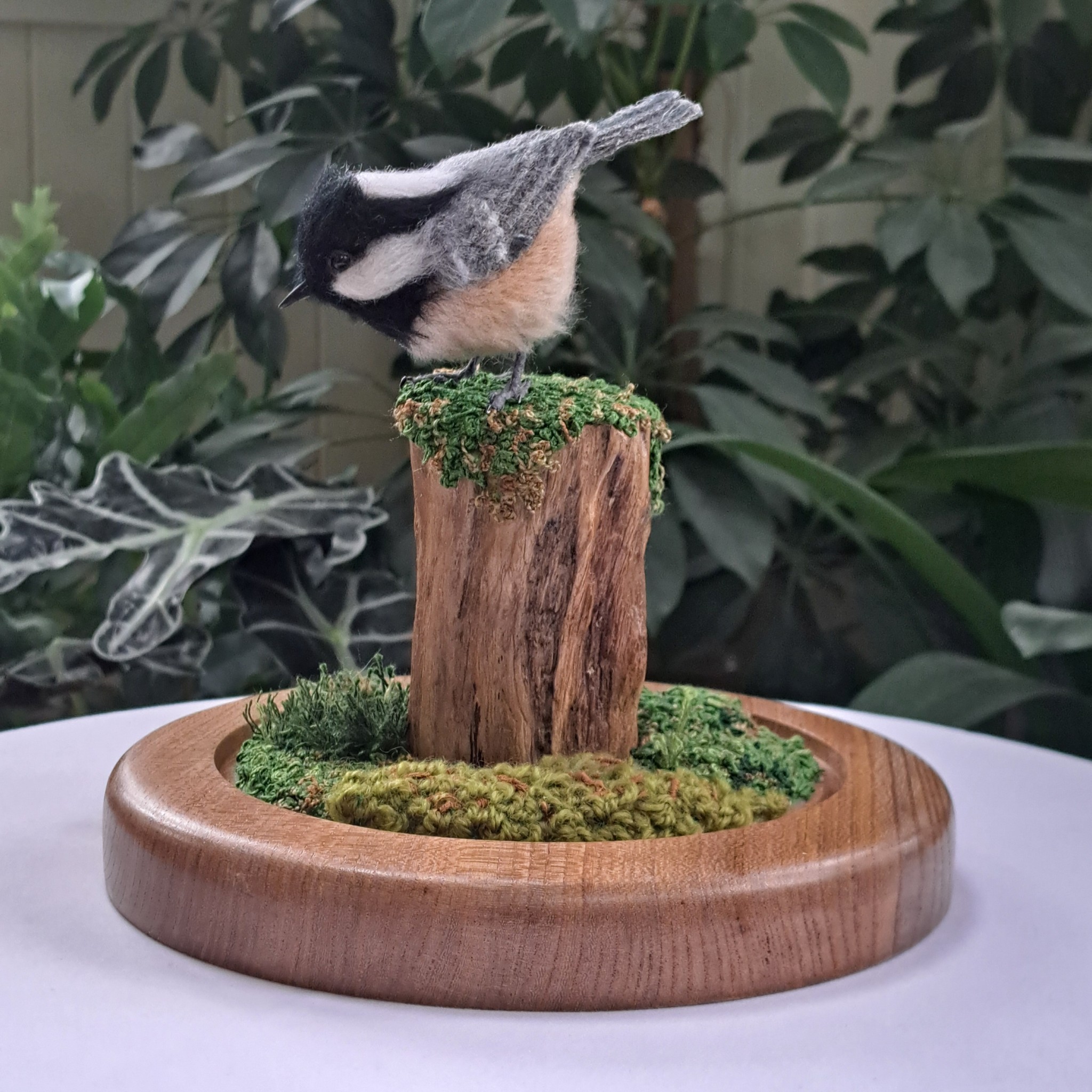 Needle-felted Coal Tit in Cloche on driftwood with embroidered moss. : Unique handmade needle-felted wildlife sculpture. 