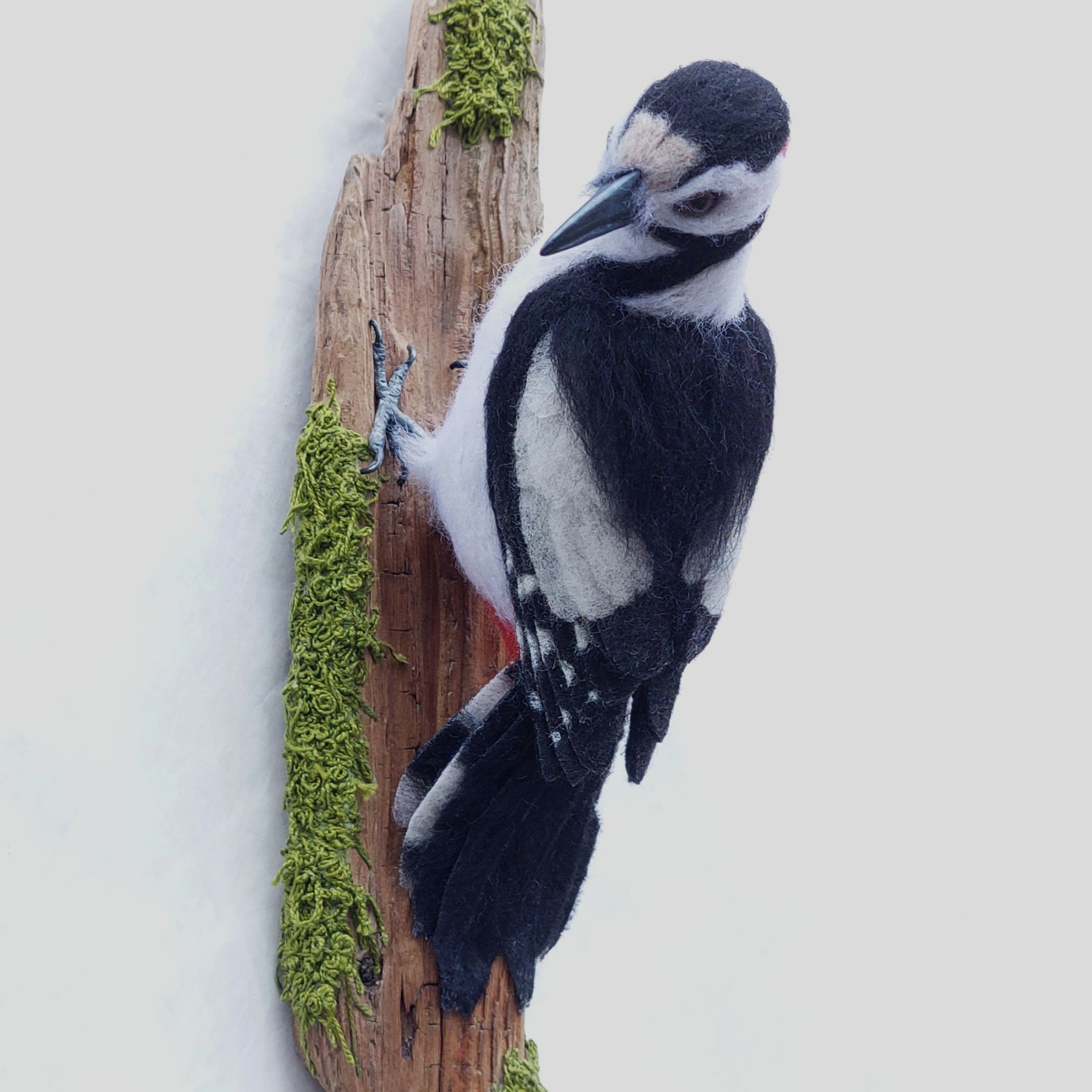 Woodpecker on driftwood : Unique handmade needle-felted wildlife sculpture.  With embroidered moss. Wall-mounted.
