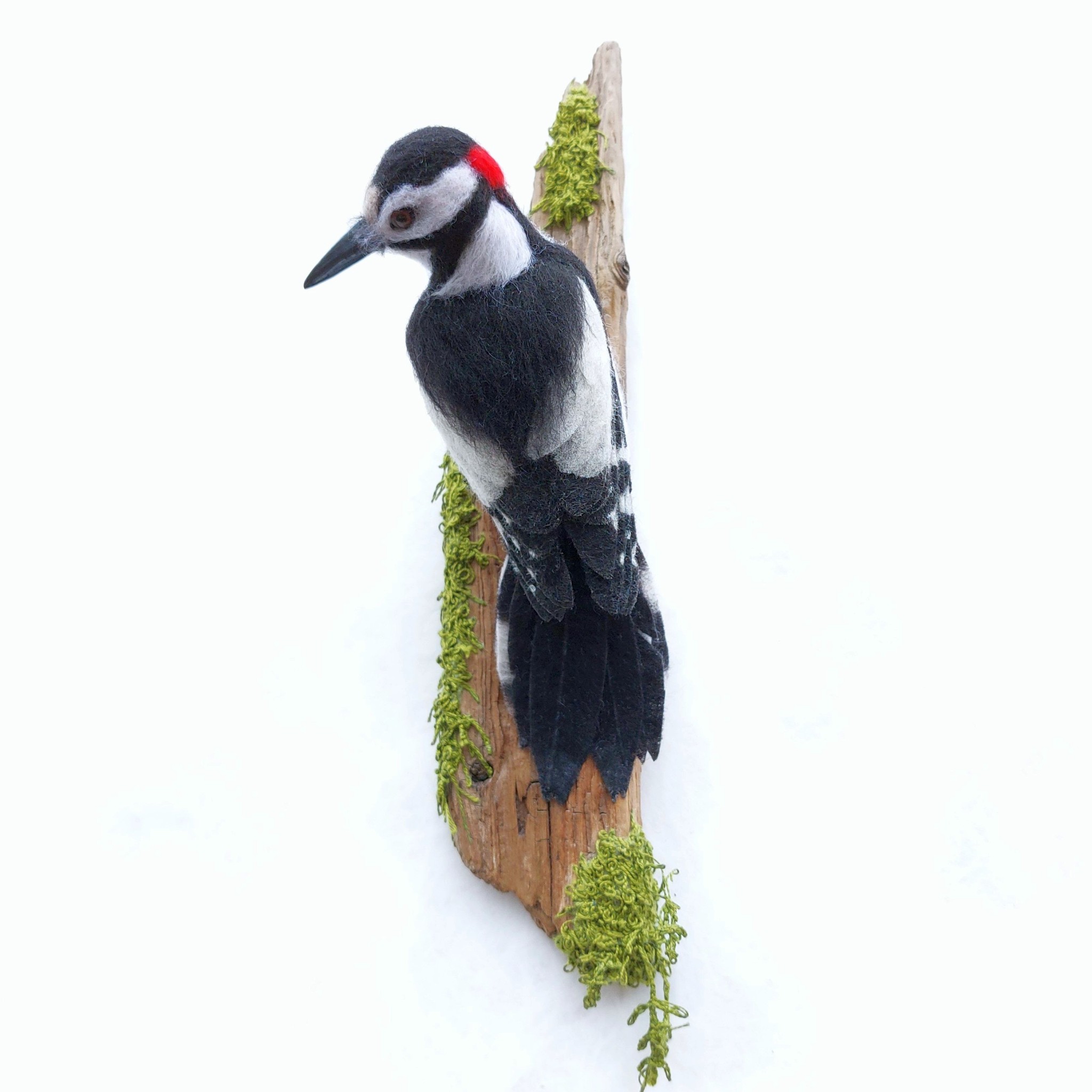 Woodpecker on driftwood : Unique handmade needle-felted wildlife sculpture.  With embroidered moss. Wall-mounted.