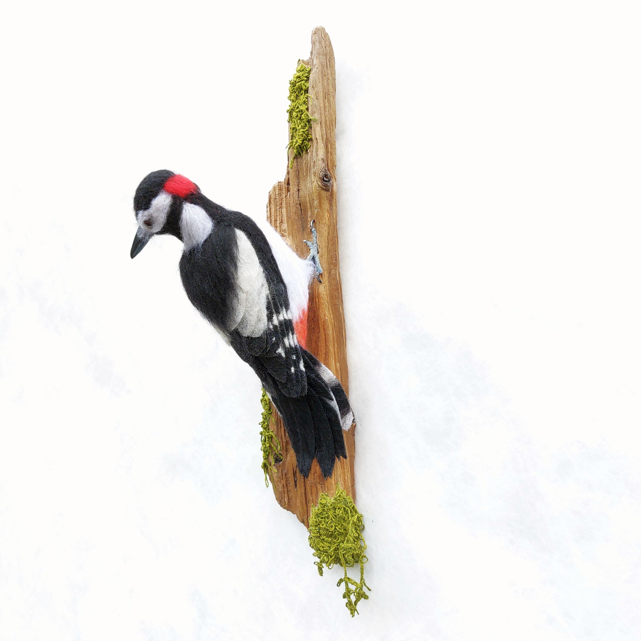 Woodpecker on driftwood : Unique handmade needle-felted wildlife sculpture.  With embroidered moss. Wall-mounted.