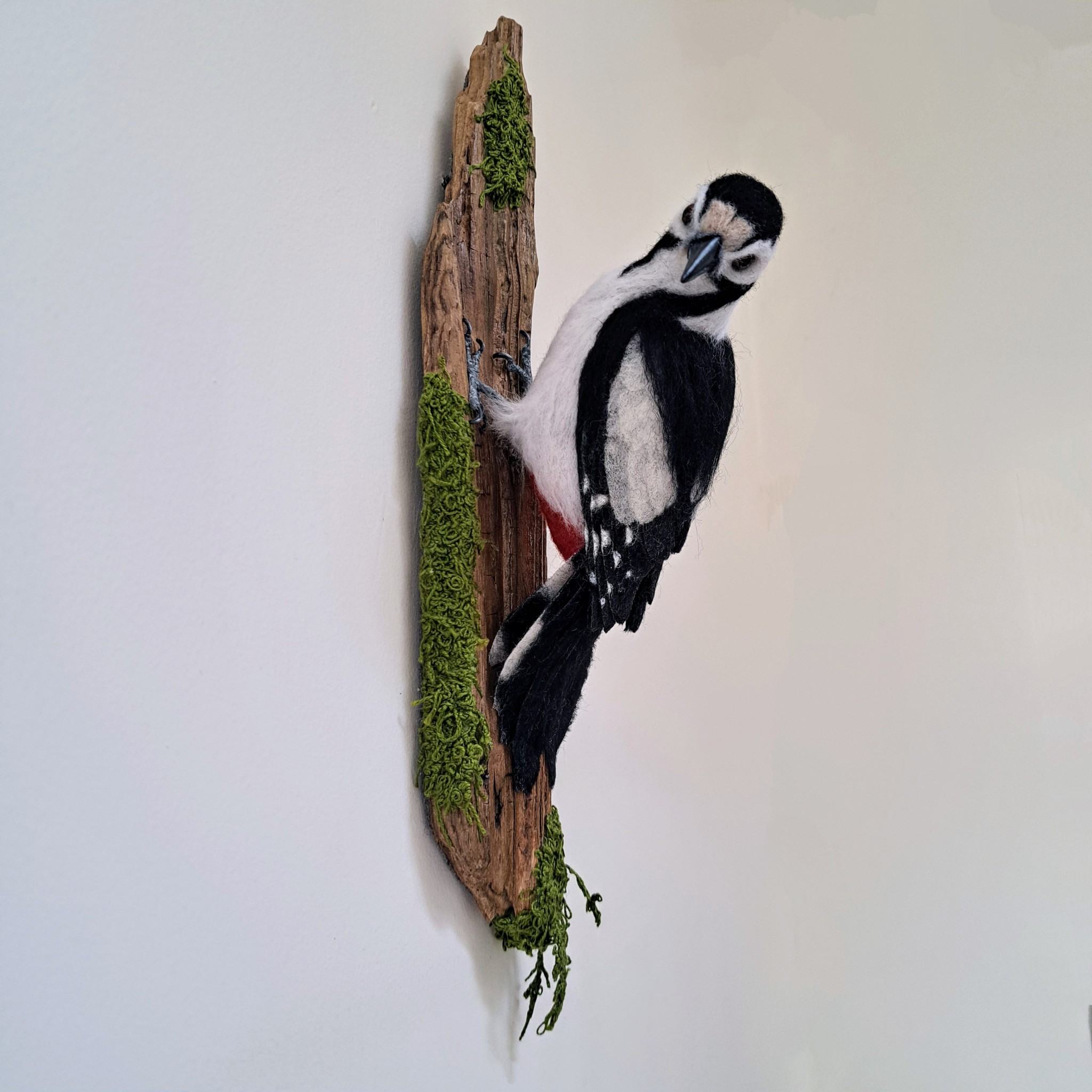 Woodpecker on driftwood : Unique handmade needle-felted wildlife sculpture.  With embroidered moss. Wall-mounted.