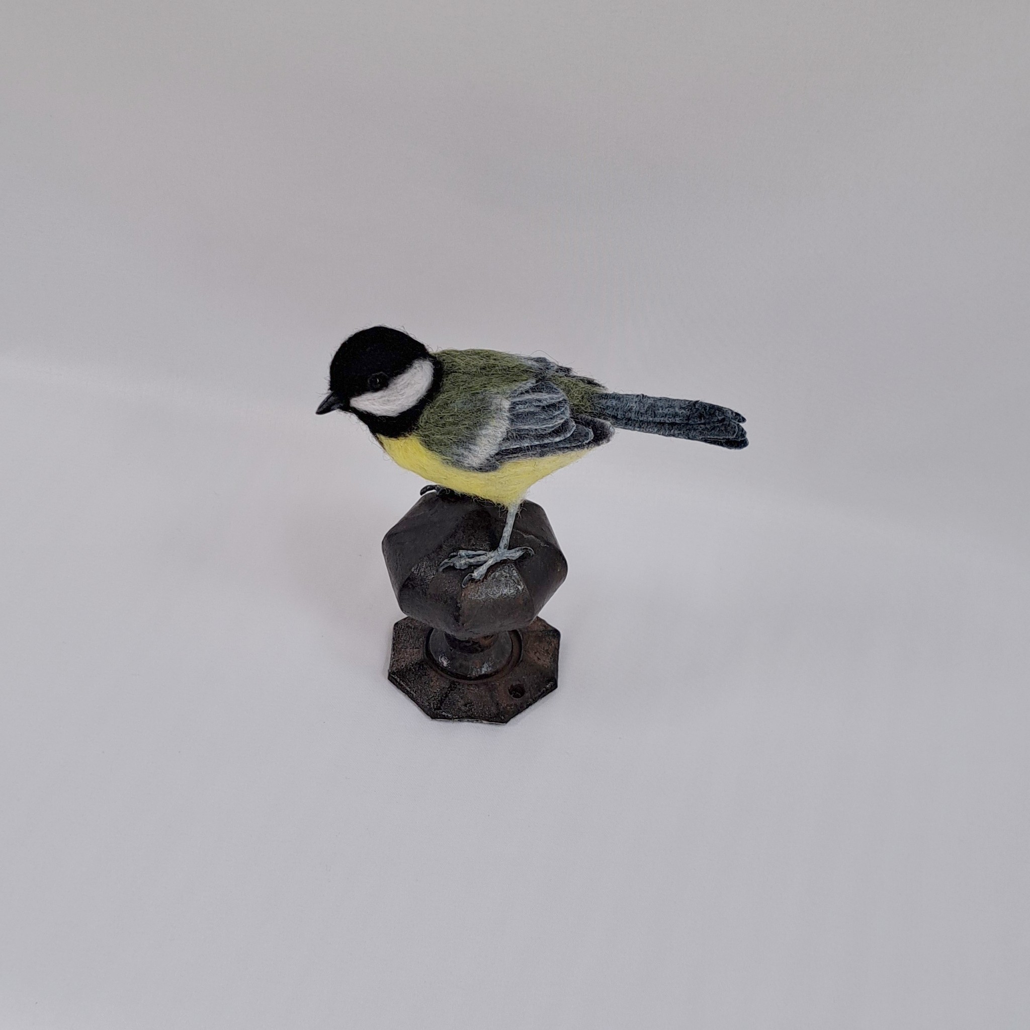Great Tit on vintage door knob : Unique handmade needle-felted wildlife sculpture. 