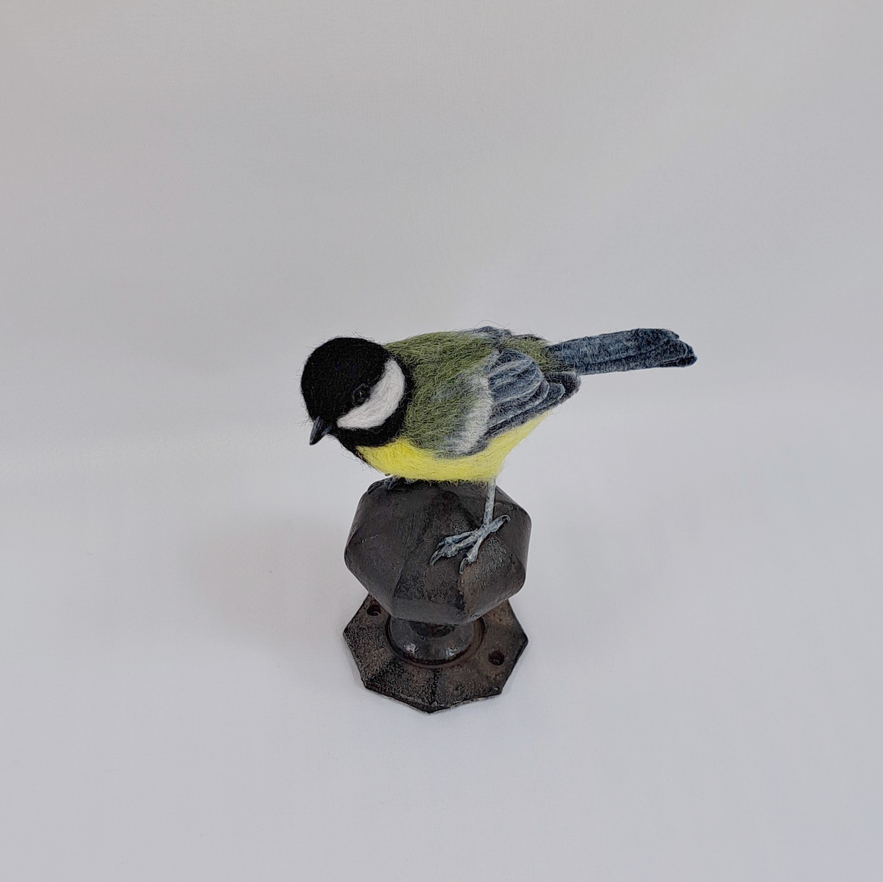 Great Tit on vintage door knob : Unique handmade needle-felted wildlife sculpture. 