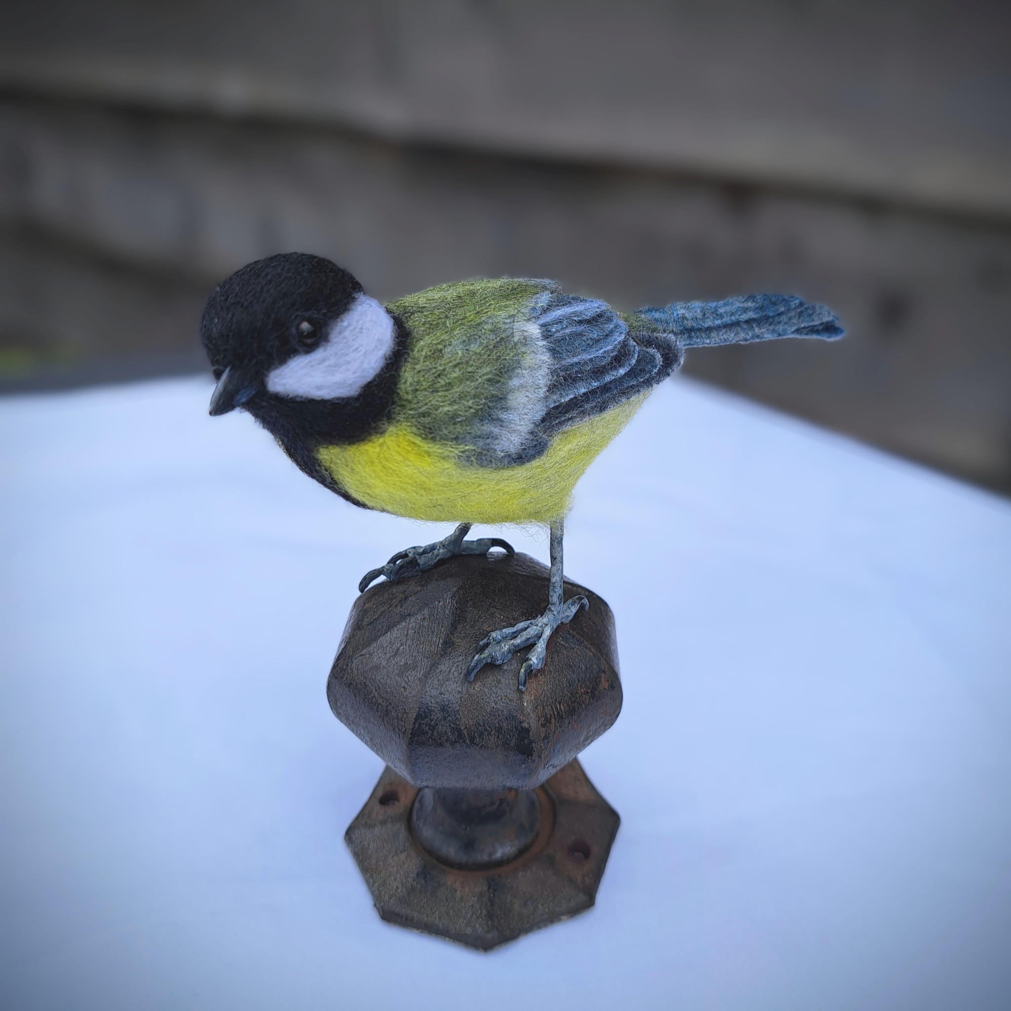 Great Tit on vintage door knob : Unique handmade needle-felted wildlife sculpture. 