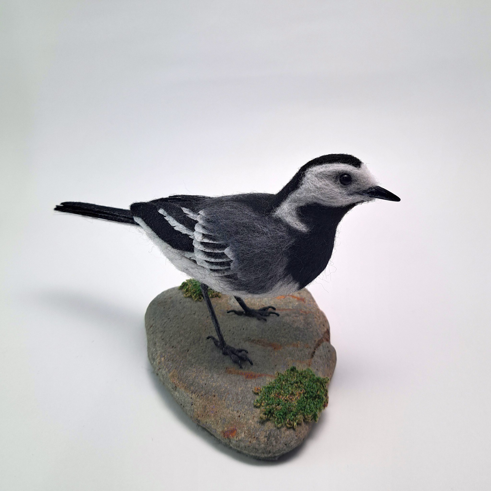 Needle felted Pied Wagtail , mounted on stone with embroidered moss 
