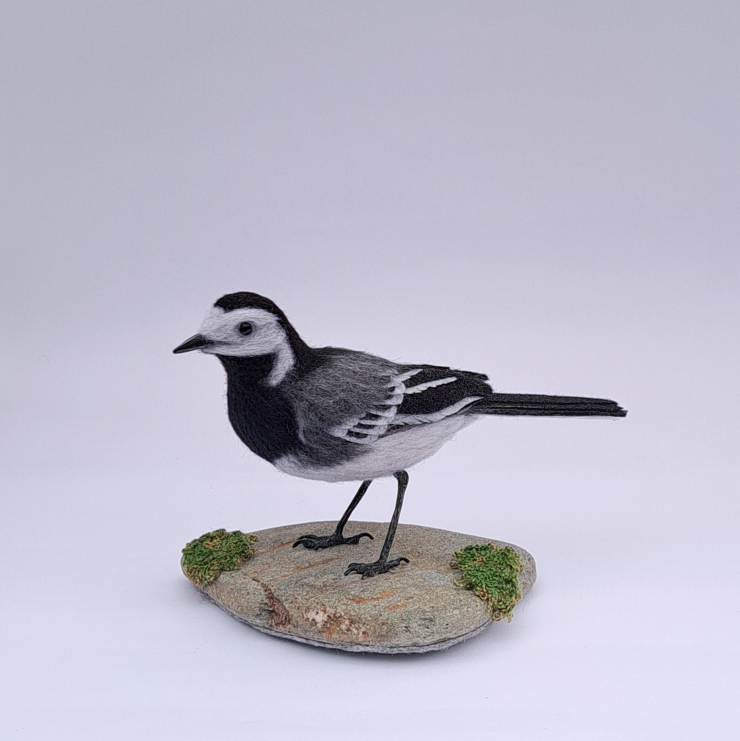 Needle felted Pied Wagtail , mounted on stone with embroidered moss