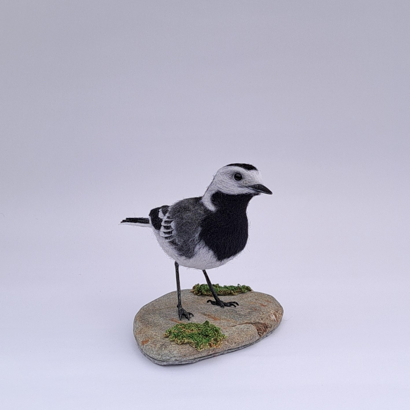 Needle felted Pied Wagtail , mounted on stone with embroidered moss