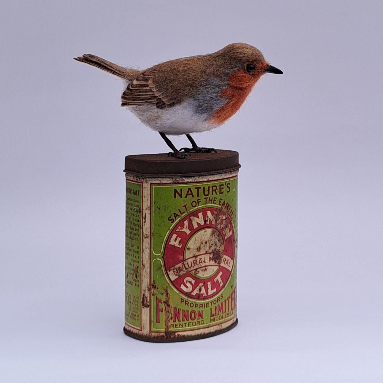 Salt of the Earth :  Unique handmade needle-felted wildlife sculpture. Robin on vintage tin.