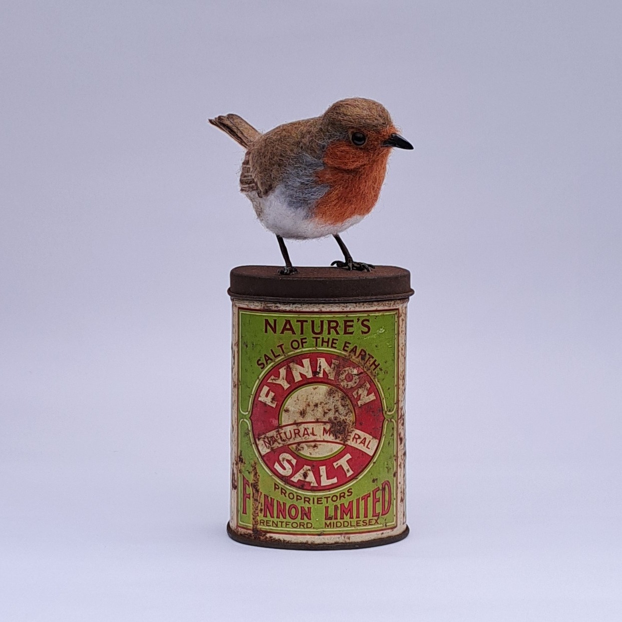 Salt of the Earth :  Unique handmade needle-felted wildlife sculpture. Robin on vintage tin.