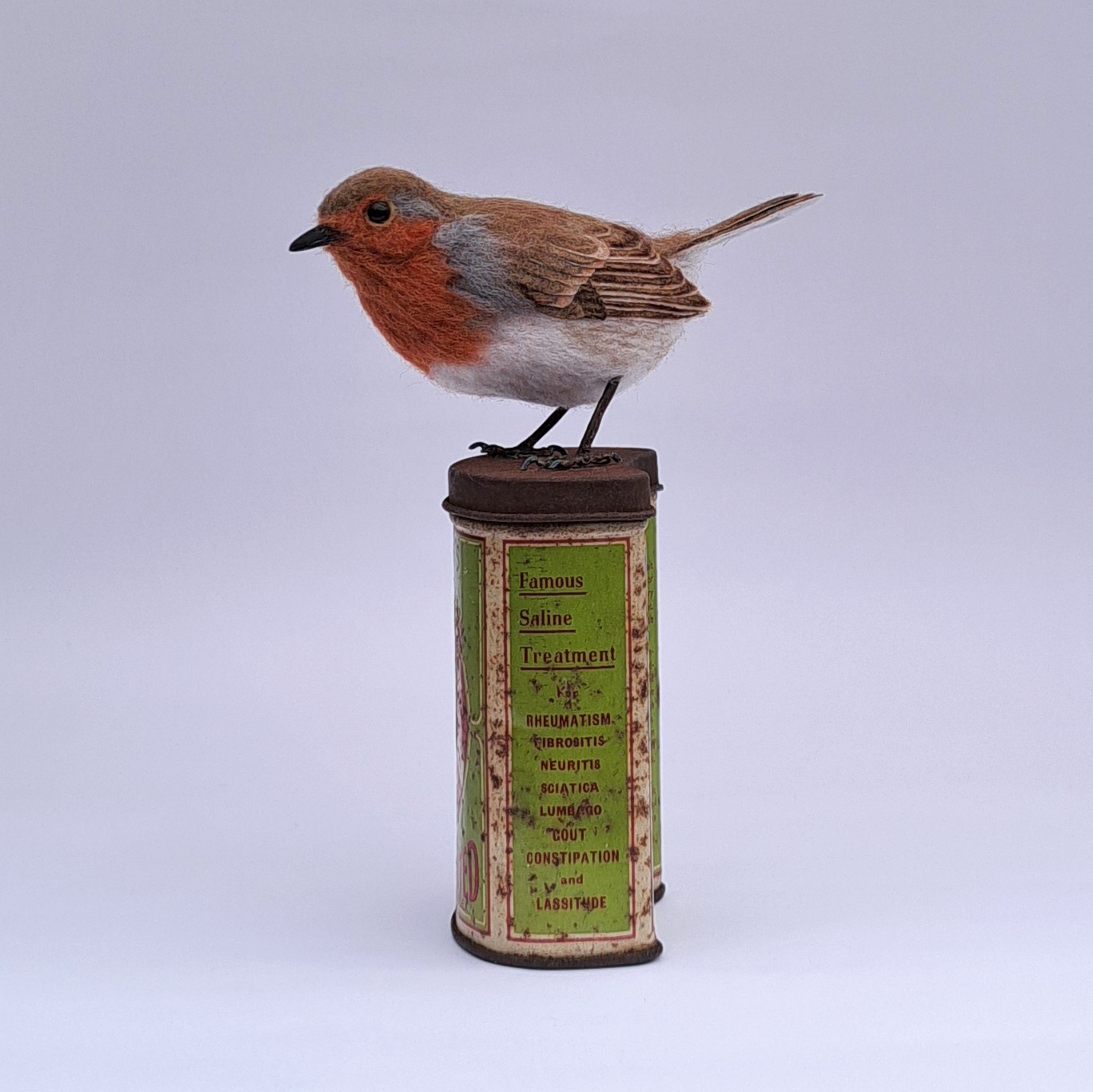 Salt of the Earth :  Unique handmade needle-felted wildlife sculpture. Robin on vintage tin.