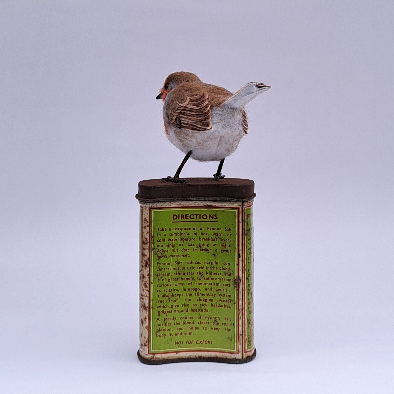 Salt of the Earth :  Unique handmade needle-felted wildlife sculpture. Robin on vintage tin.