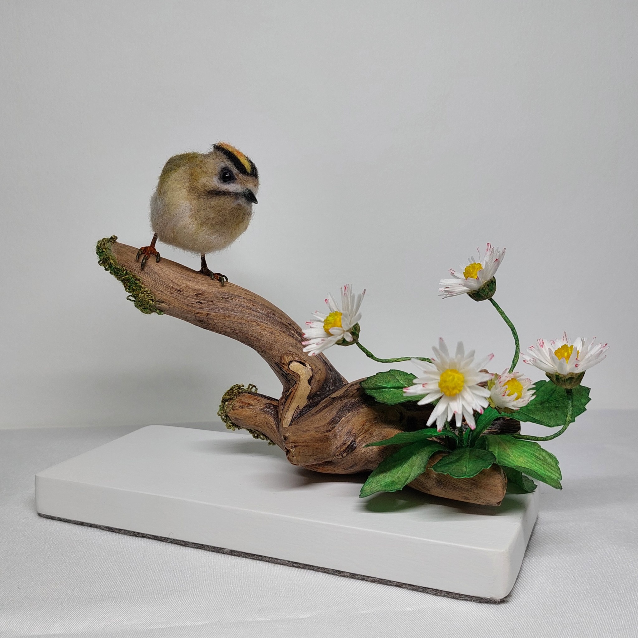 A moment with daises : Unique handmade needle-felted wildlife sculpture. Gold crested Wren with silk flowers
