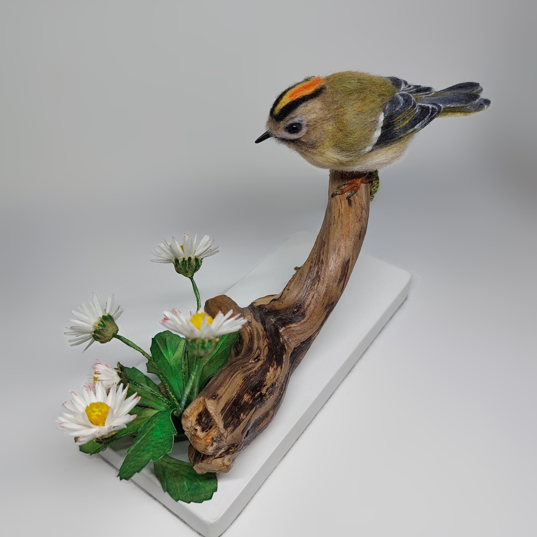 A moment with daises : Unique handmade needle-felted wildlife sculpture. Gold crested Wren with silk flowers