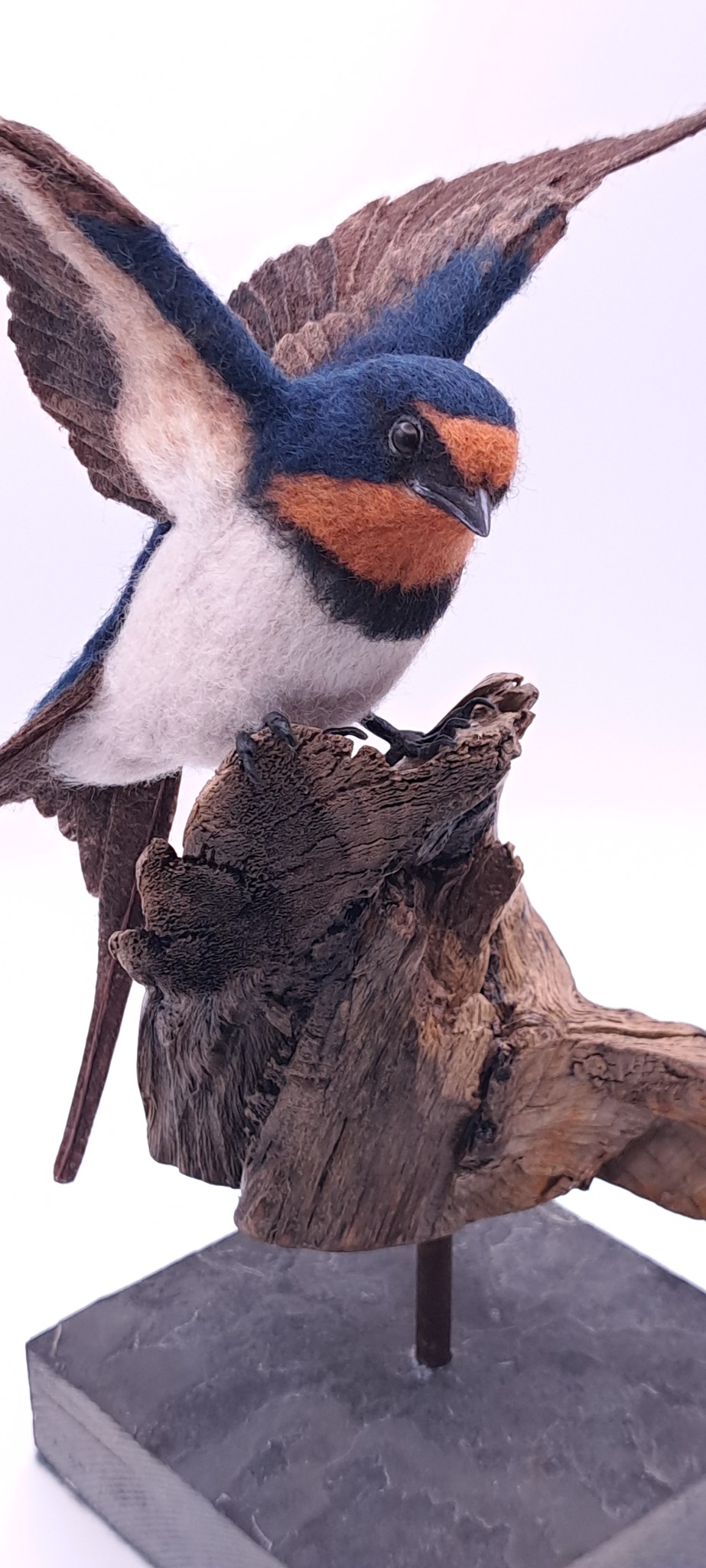 Needle felted swallow mounted on driftwood and slate.